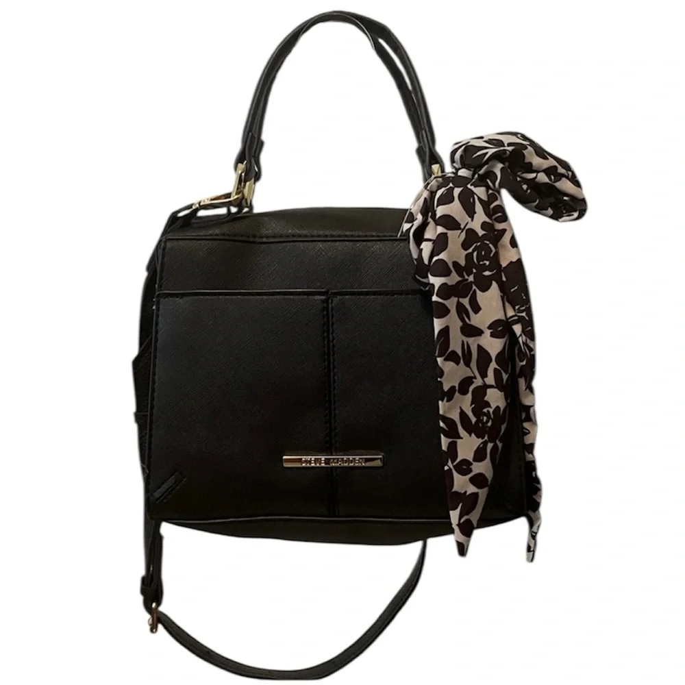 Steve Madden Black Satchel with Floral Scarf Accent Shoulder Bag